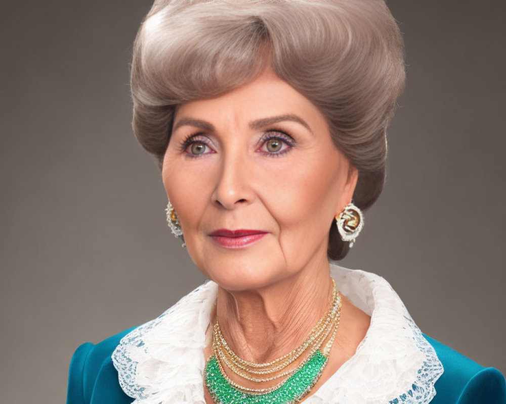 Gray-Haired Elderly Lady in Blue Attire with Pearl Earrings