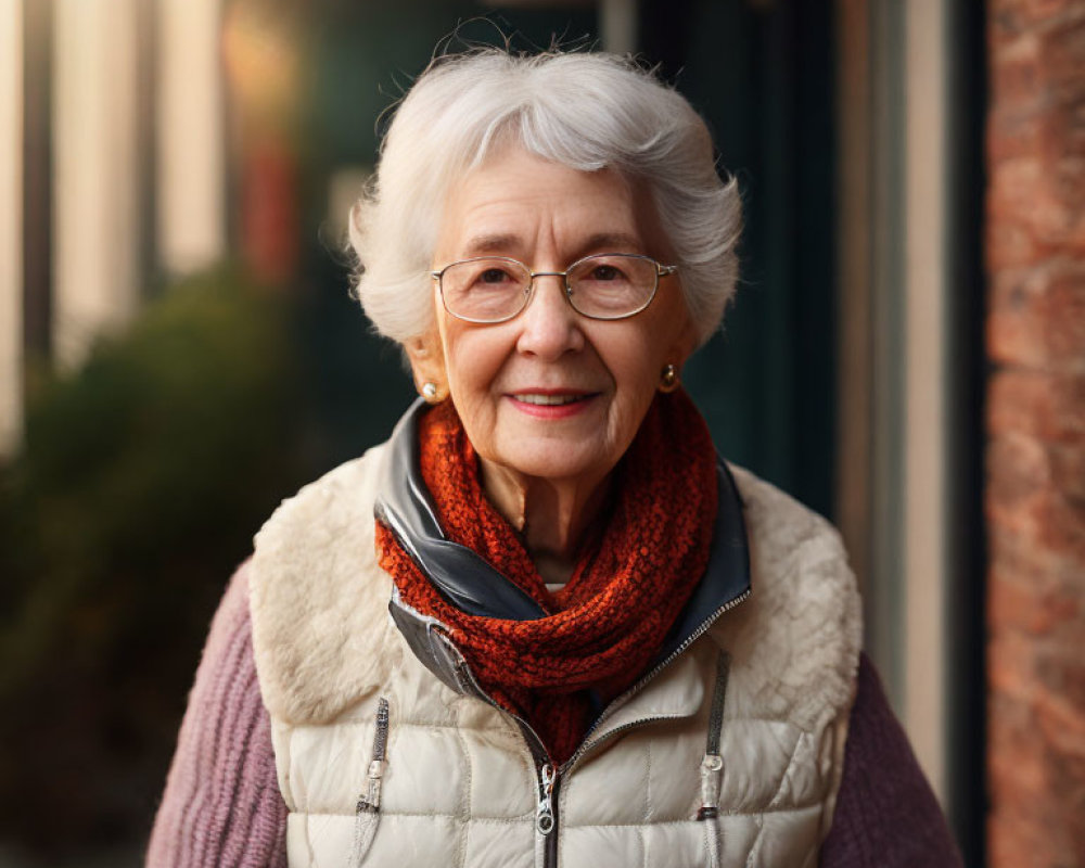 Elderly woman with white hair and glasses smiling outdoors