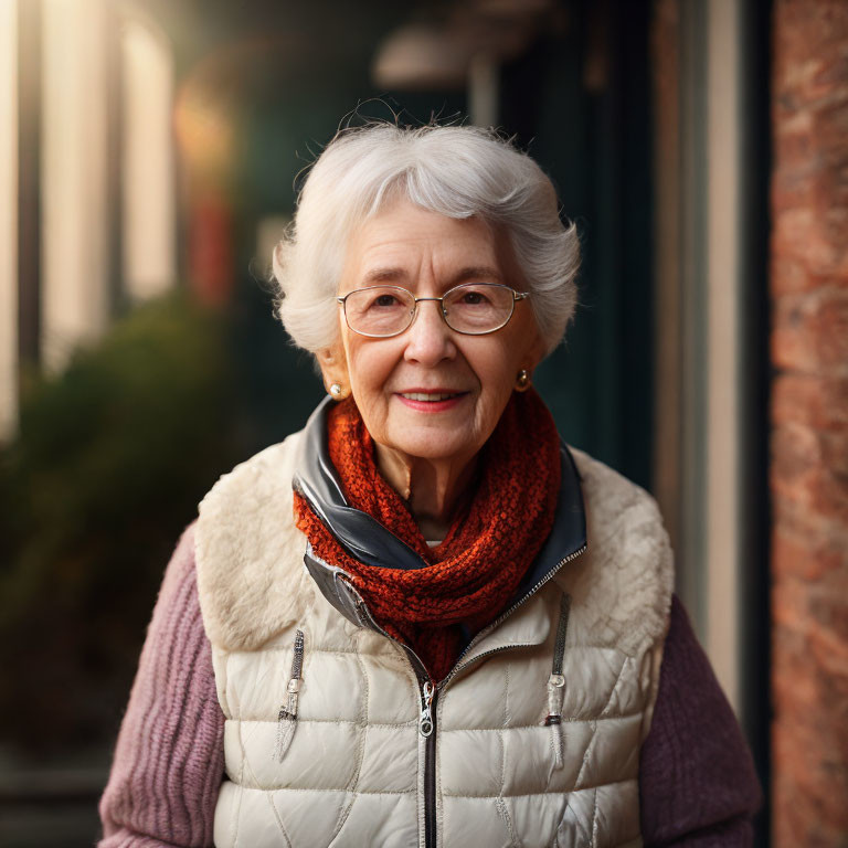 Elderly woman with white hair and glasses smiling outdoors