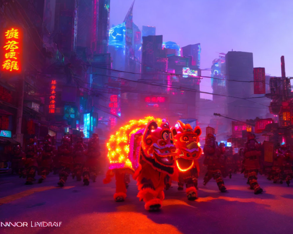 Neon-lit urban street with glowing lion dance under dusky sky