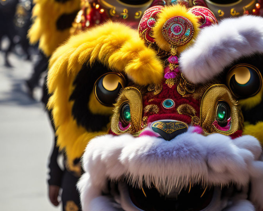 Vibrant lion dance costumes in parade with detailed lead lion face