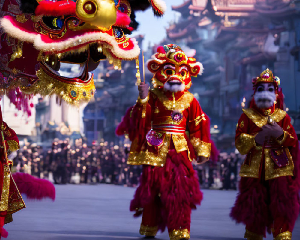 Colorful lion costumes in traditional Chinese lion dance procession with Asian architectural backdrop