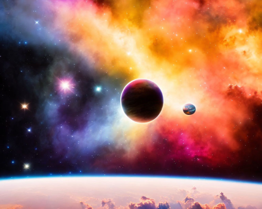 Colorful Cosmic Scene: Two Planets, Nebula, Stars & Clouds