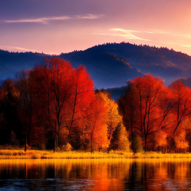 Tranquil Lake Reflects Sunset on Autumn Foliage