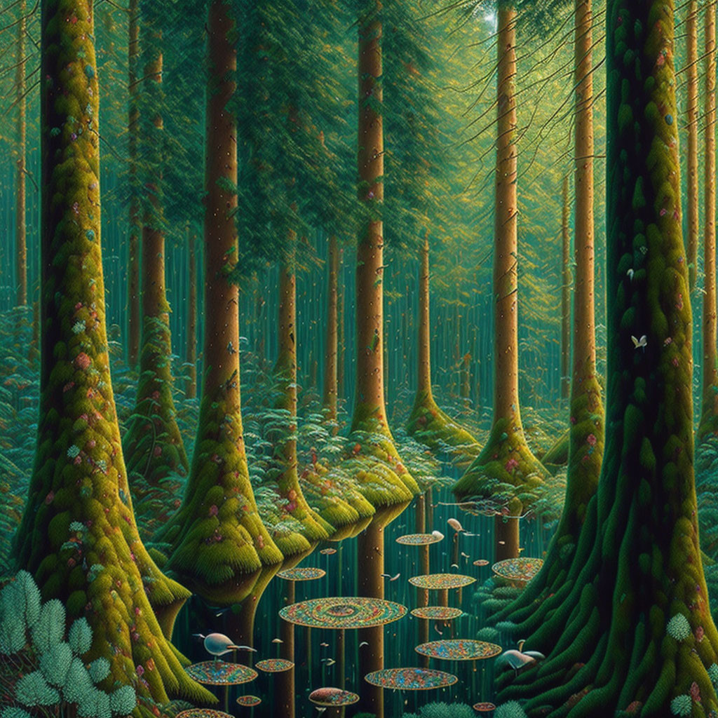 Moss-Covered Trees and Glowing Mushrooms in Enchanted Forest