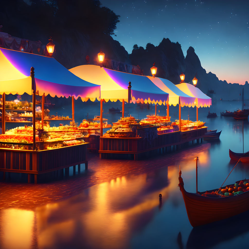 Night Market by Calm River with Boats, Mountains Backdrop, and Hanging Lanterns