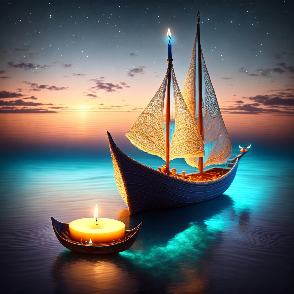 Fantastical ship with lace-like sails on tranquil waters at sunset