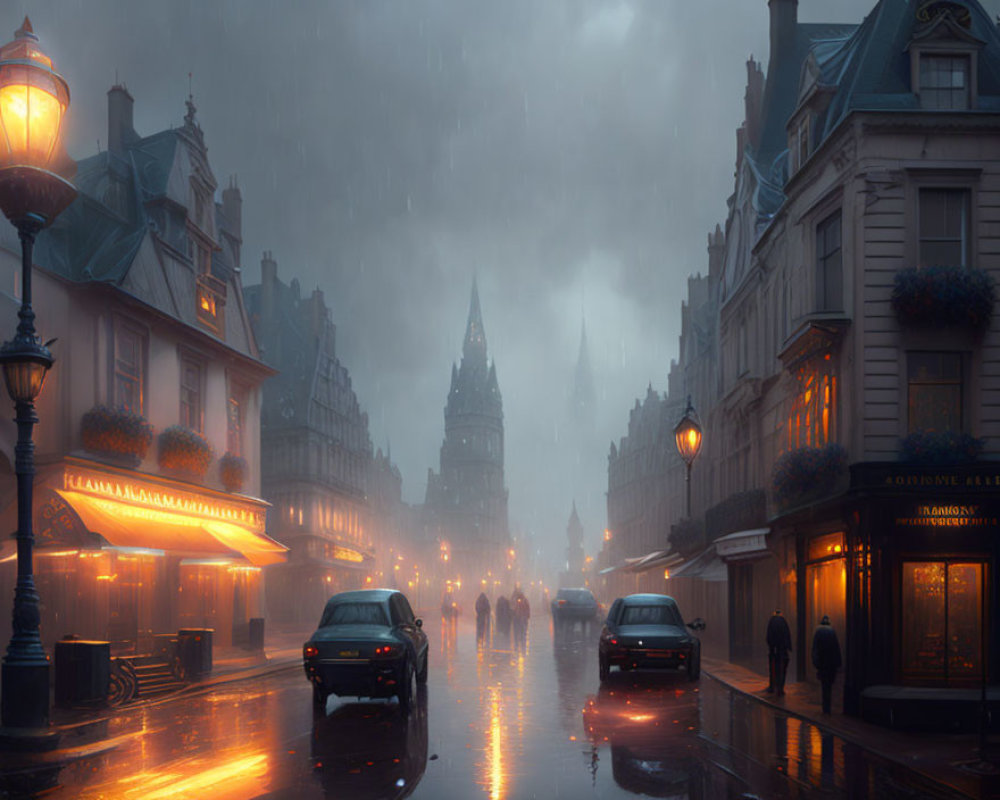 Twilight city street scene with vintage architecture, wet reflections, cars, and pedestrians.