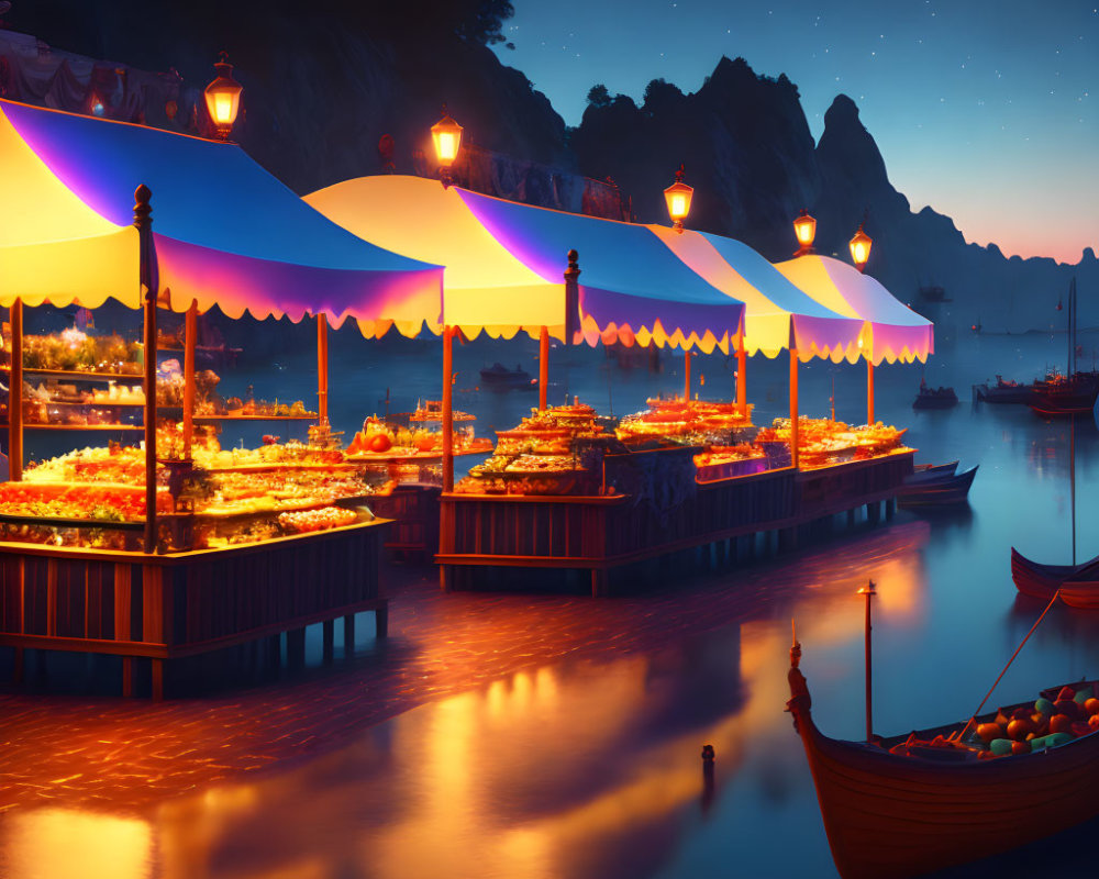 Night Market by Calm River with Boats, Mountains Backdrop, and Hanging Lanterns