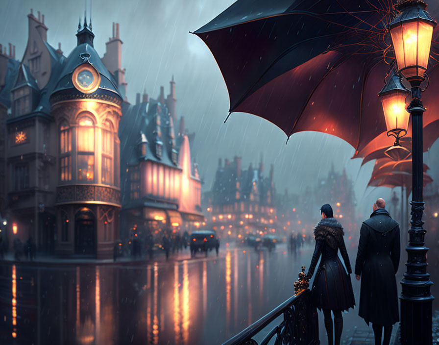 Two people with umbrellas on cobblestone bridge in rainy evening