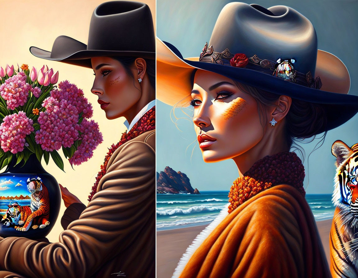 Stylized portraits of woman with cowboy hat, flowers, and tiger-themed background