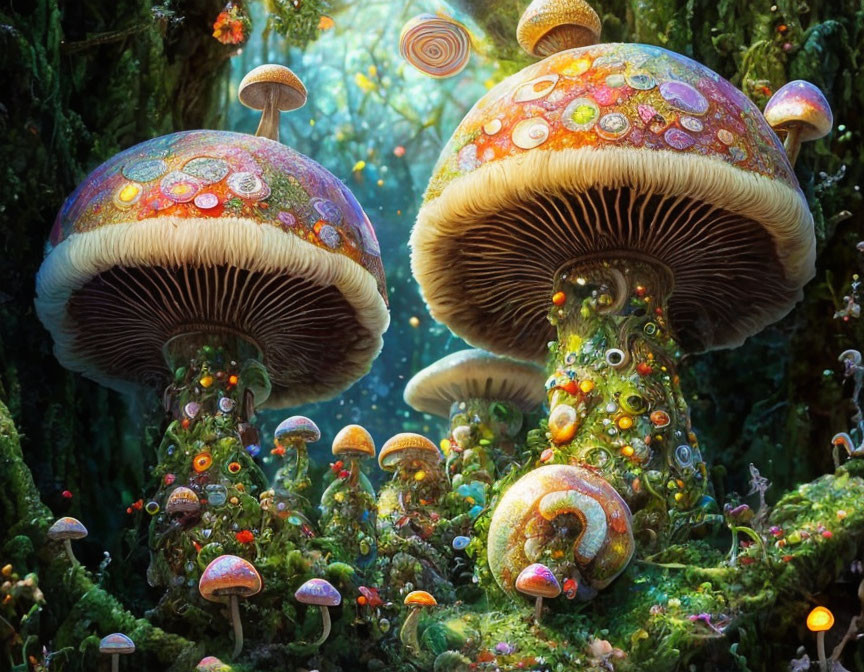 Colorful oversized mushrooms in enchanted forest with dewdrops