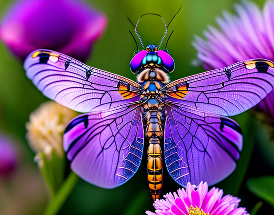 Colorful Dragonfly with Purple Wings on Flower in Blurred Green Background