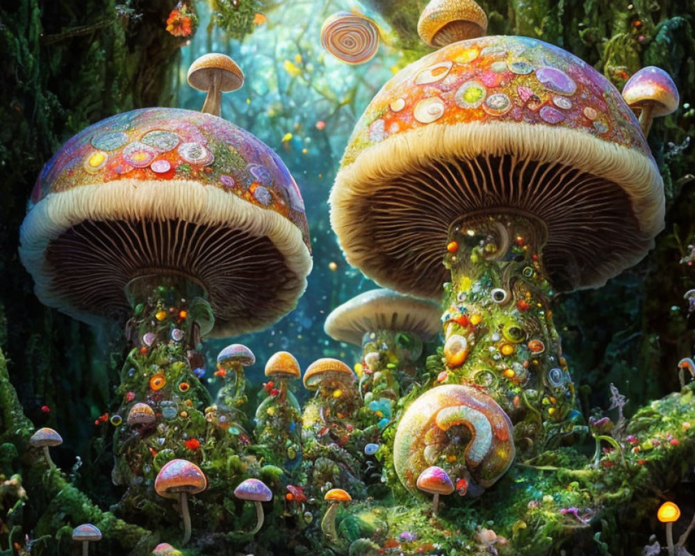 Colorful oversized mushrooms in enchanted forest with dewdrops