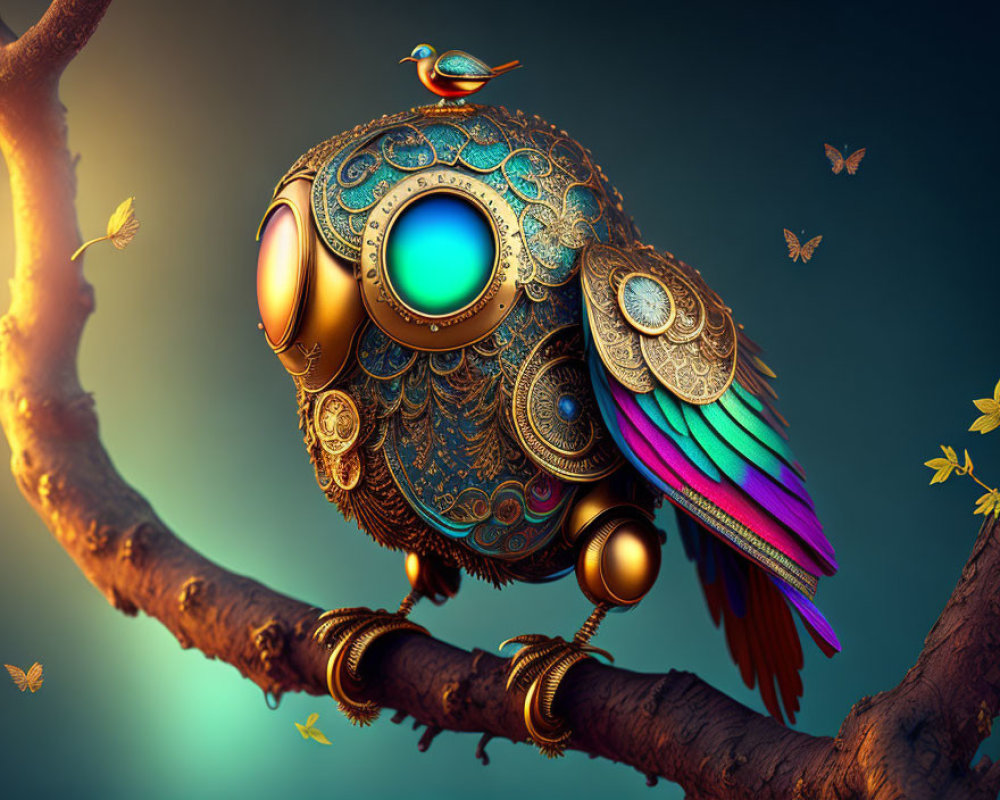 Colorful Ornate Mechanical Bird Perched with Small Bird and Butterflies