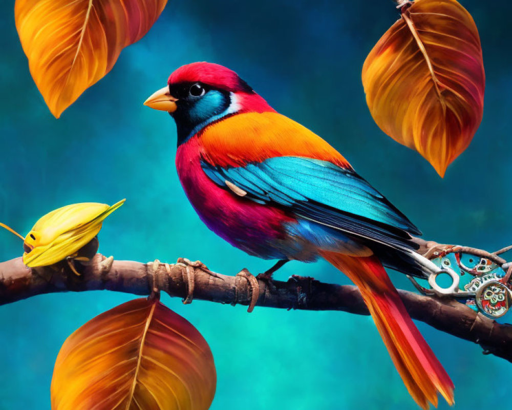 Colorful Mechanical Bird Perched on Autumn Branch Against Blue Background