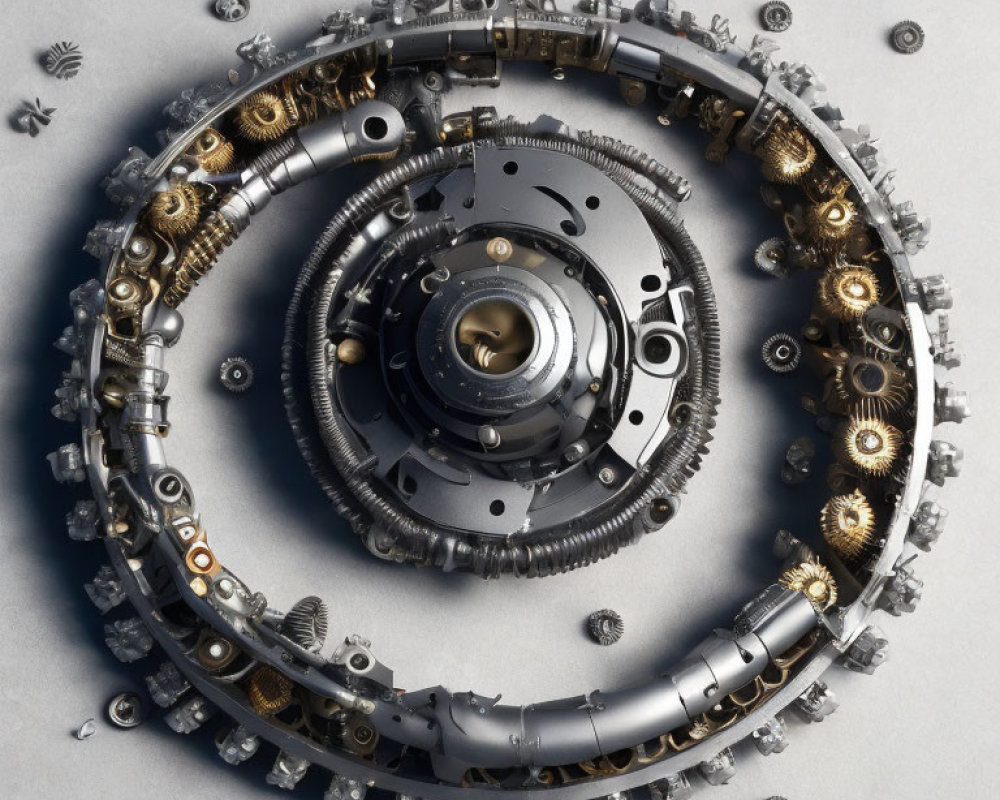 Circular Arrangement of Disassembled Mechanical Gears on Gray Surface