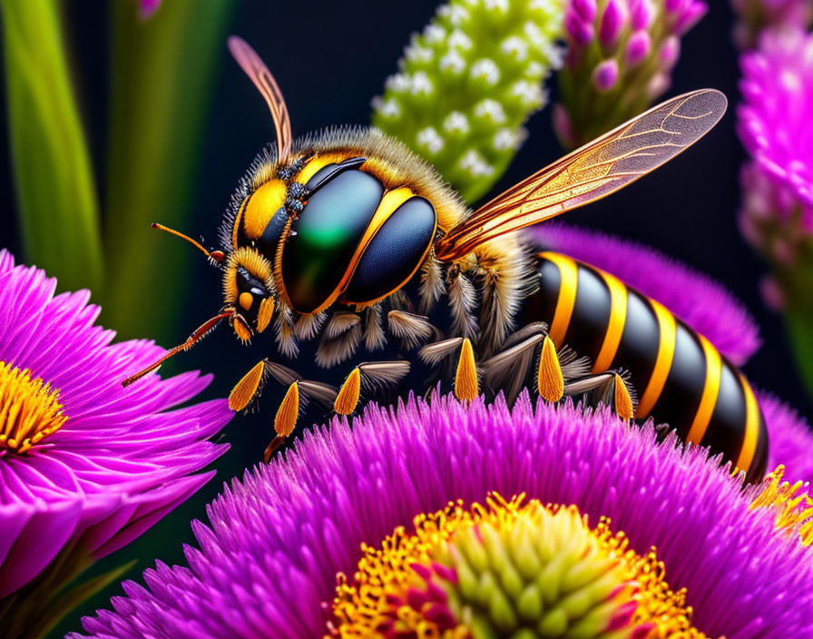 Colorful Bee Pollinating Purple and Green Flowers