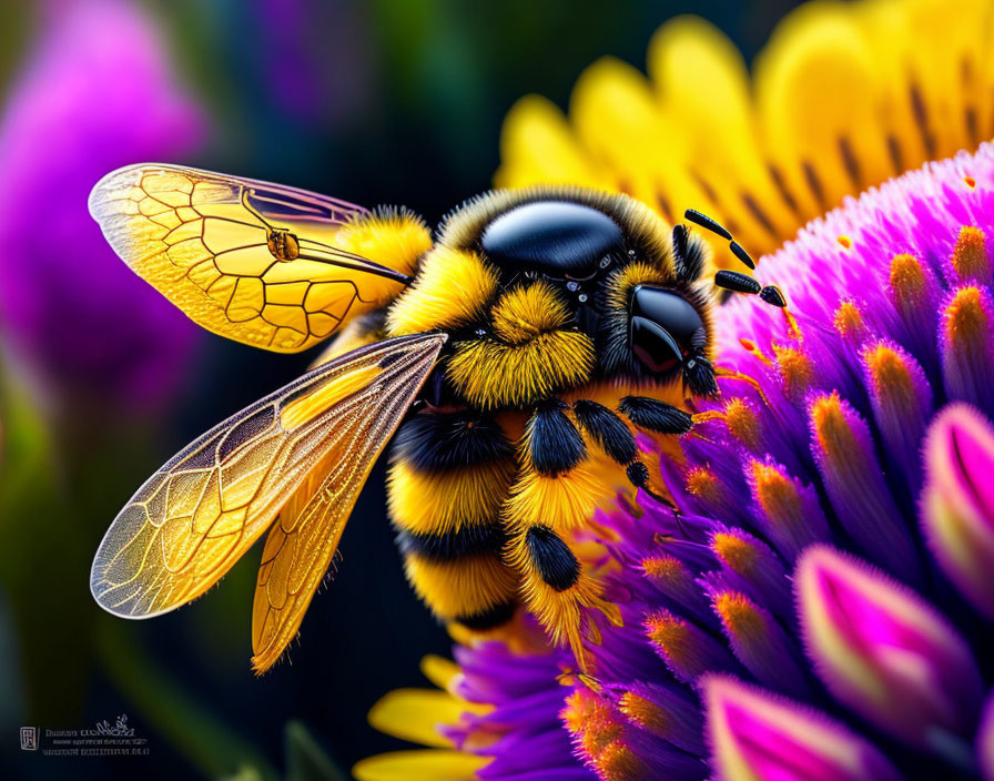 Detailed Close-Up of Bee with Translucent Wings on Colorful Flower