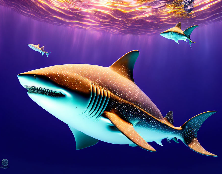 Detailed underwater shark illustration with blue to purple gradient and golden light.