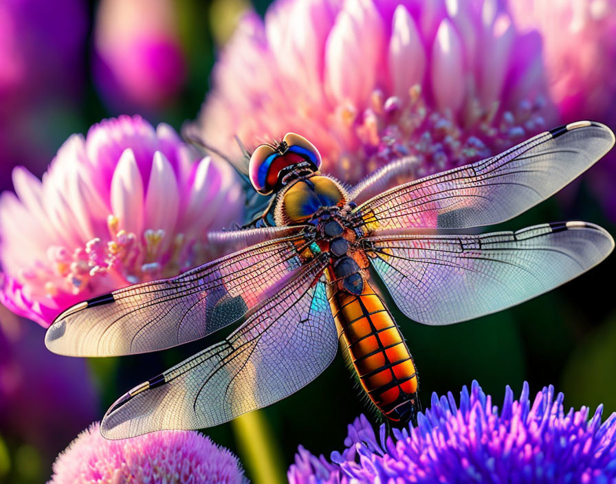 Colorful dragonfly on pink-purple flowers with translucent wings