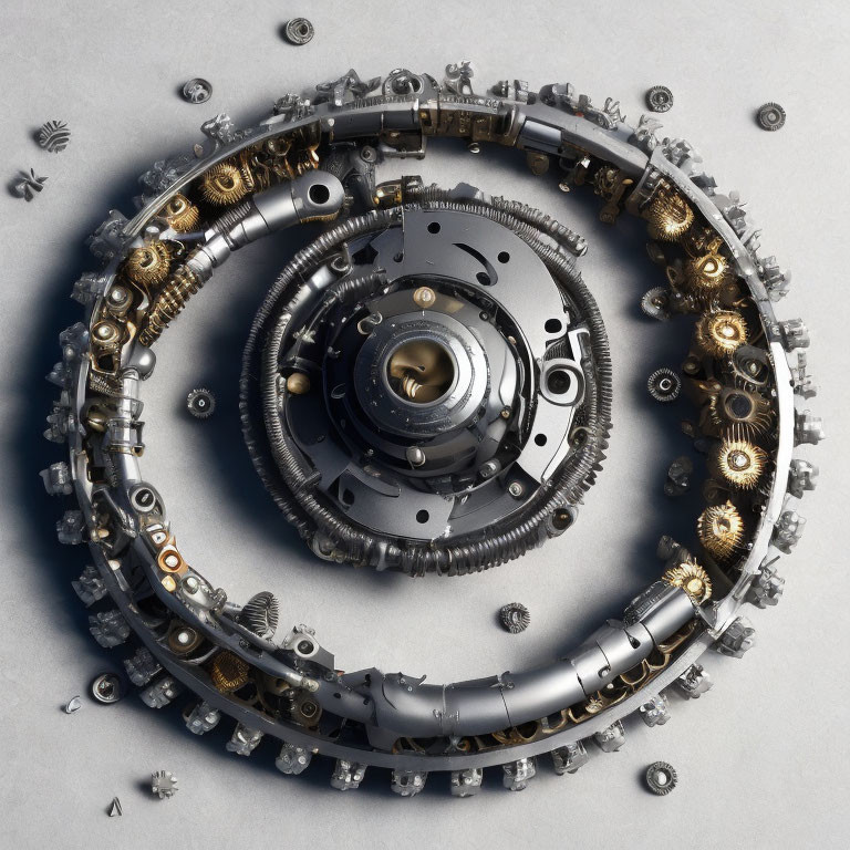 Circular Arrangement of Disassembled Mechanical Gears on Gray Surface