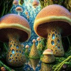 Colorful oversized mushrooms in enchanted forest with dewdrops