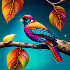 Colorful Mechanical Bird Perched on Autumn Branch Against Blue Background