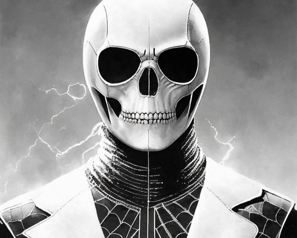 Monochrome skull-faced figure with spider emblem in suit, stormy background