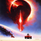 Sci-fi illustration of figures, vehicle on alien planet with red spacecraft launching.