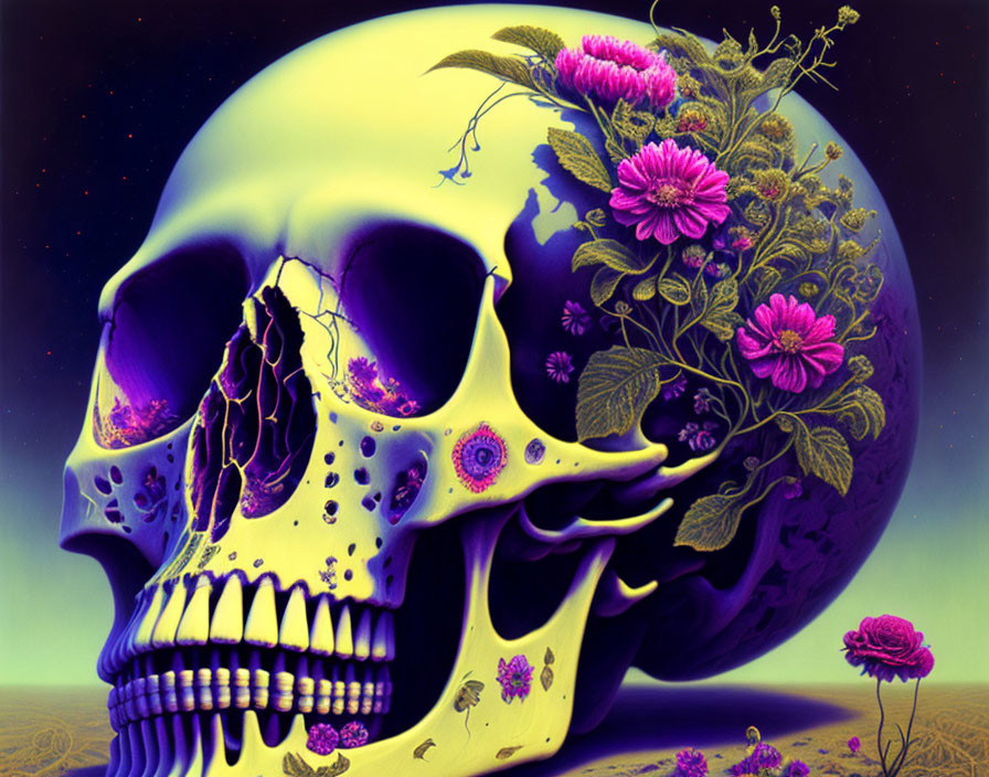 Skull with vibrant flowers on cosmic backdrop