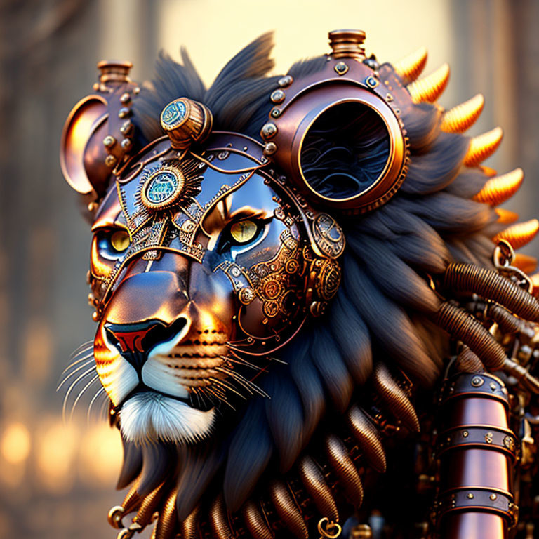 Steampunk-style lion digital artwork with intricate mechanical features