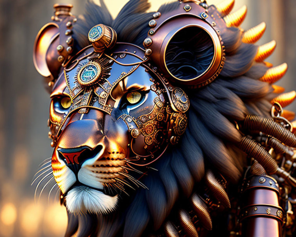 Steampunk-style lion digital artwork with intricate mechanical features