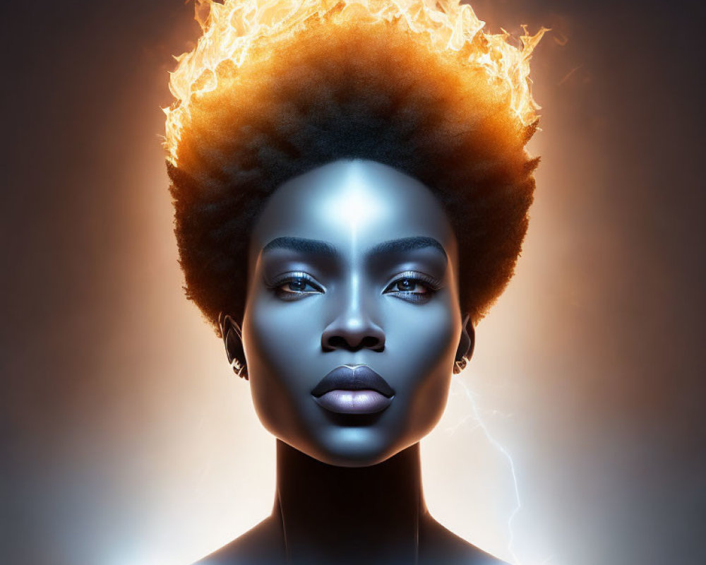 Fiery Hair Woman Portrait with Metallic Skin and Blue Energy