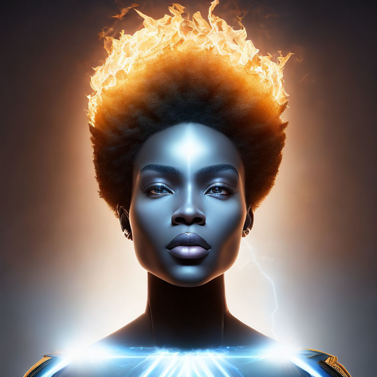 Fiery Hair Woman Portrait with Metallic Skin and Blue Energy