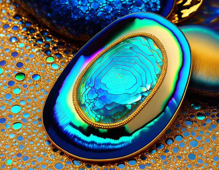 Iridescent object with concentric rings and gold detailing on a surface with golden droplets and blue