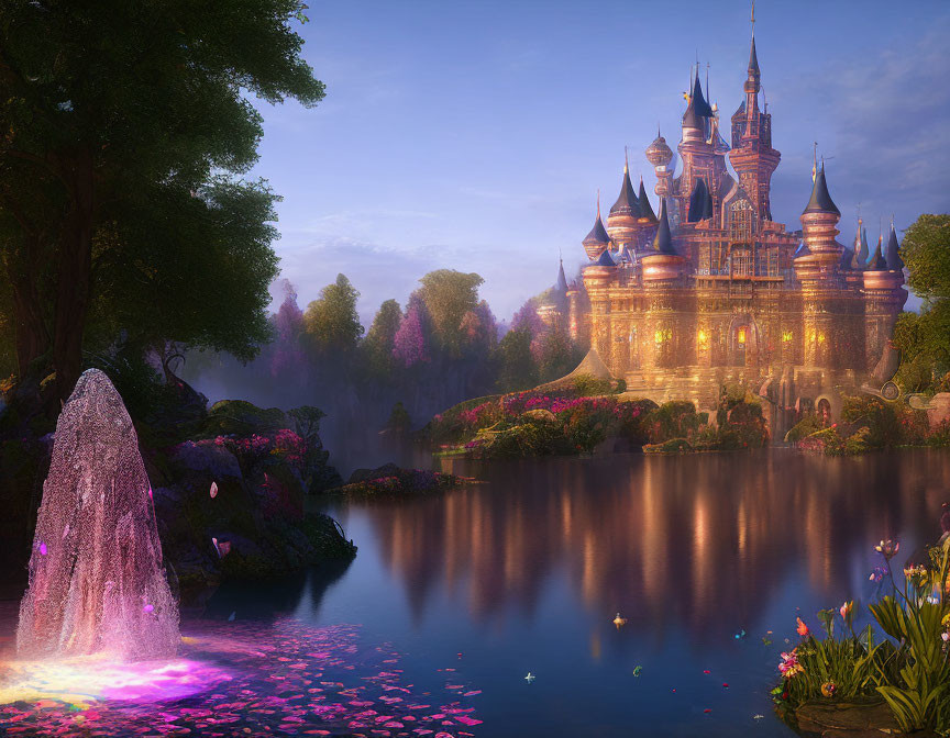 Majestic castle with spires at dusk, reflected in lake with glowing fountain