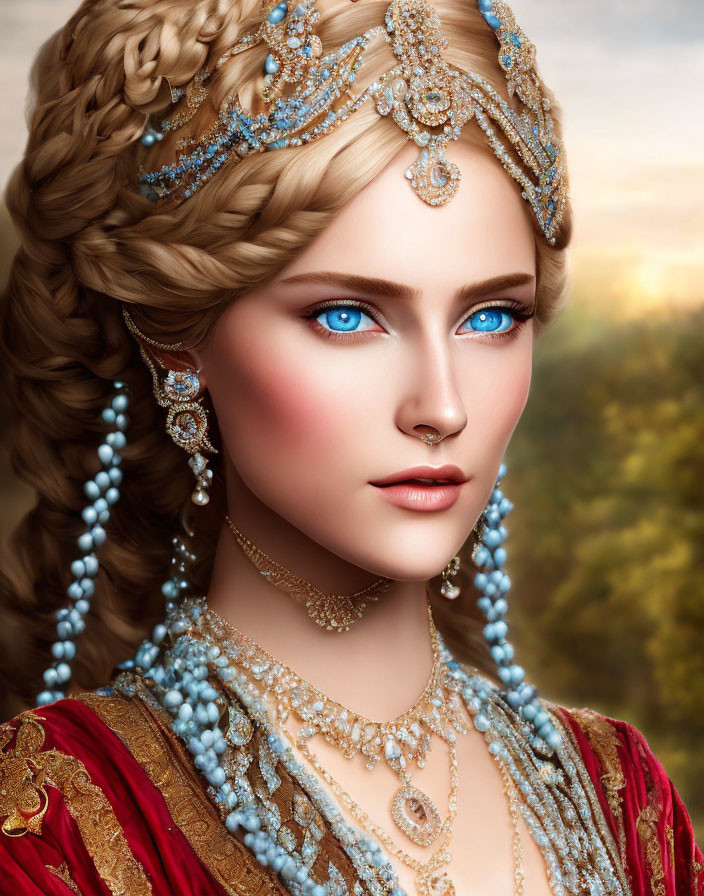 Digital Artwork: Woman with Blue Eyes, Gold Jewelry, Braids, Red Garment