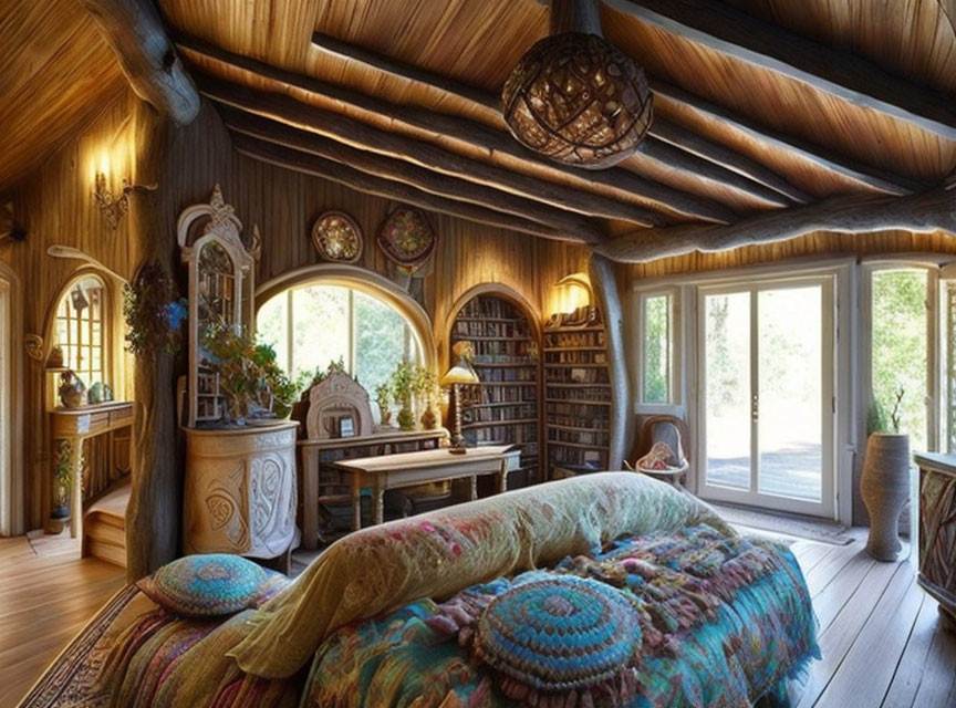 Cozy Hobbit-Inspired Bedroom with Plush Bed, Wooden Architecture, Bookcase, Round