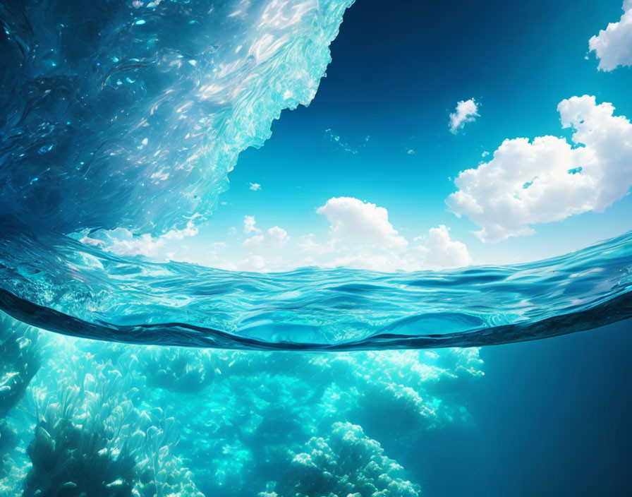 Vibrant coral reefs under clear blue water and sunny sky