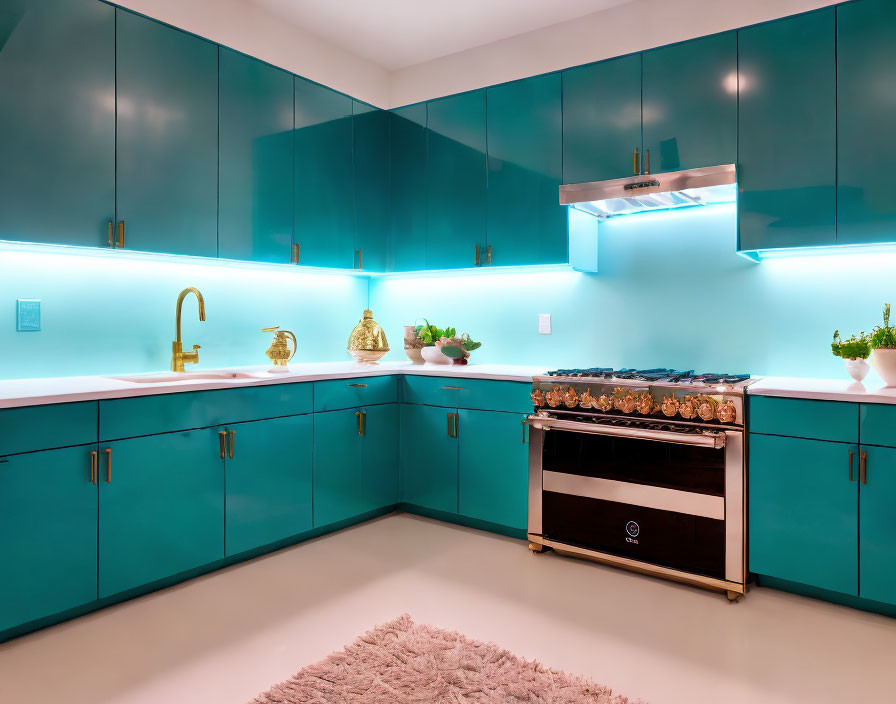 Teal Cabinetry, LED Lighting, Gold Faucet in Modern Kitchen