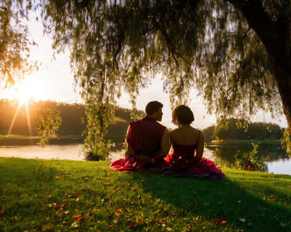 Sunset scene: Two people under tree by lake with fallen leaves.