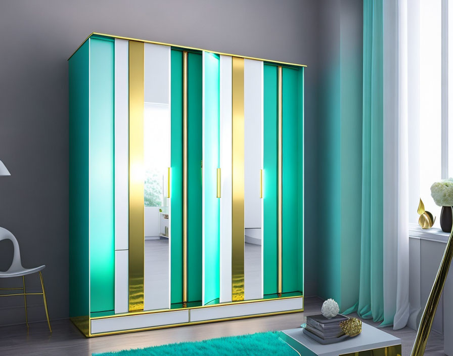 Contemporary wardrobe with mirrored doors in teal and gold accents, set in a stylish room with gray walls