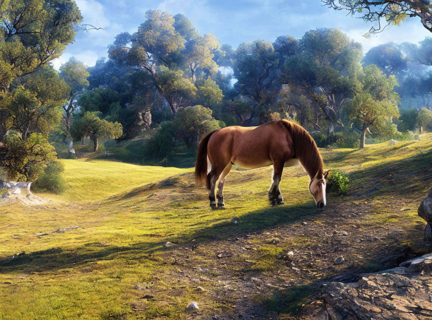 Horse grazing in serene forest clearing surrounded by lush green trees