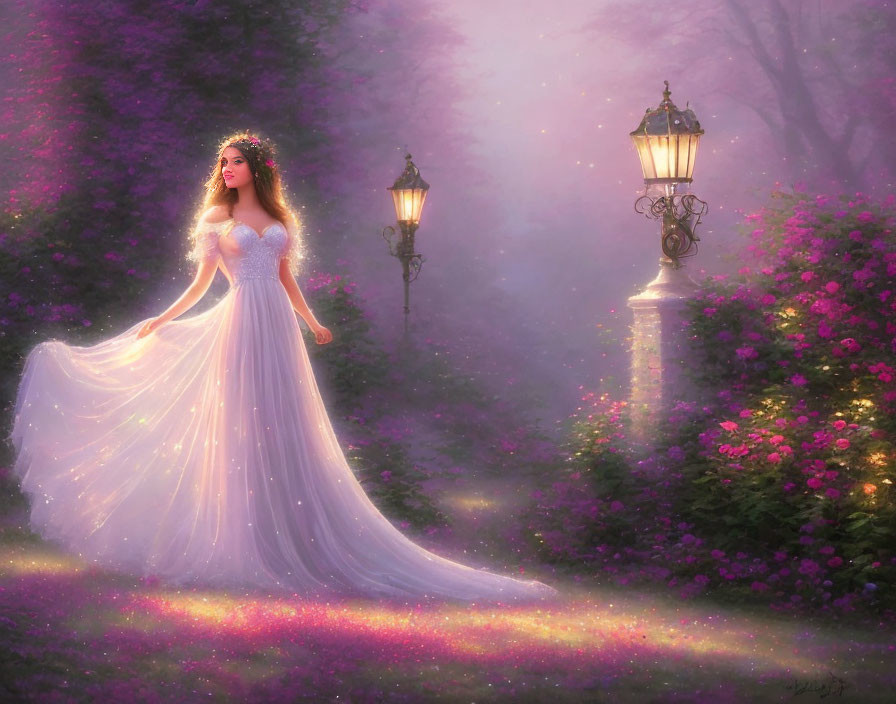 Woman in glowing white dress surrounded by blooming flowers and vintage street lamps in misty forest