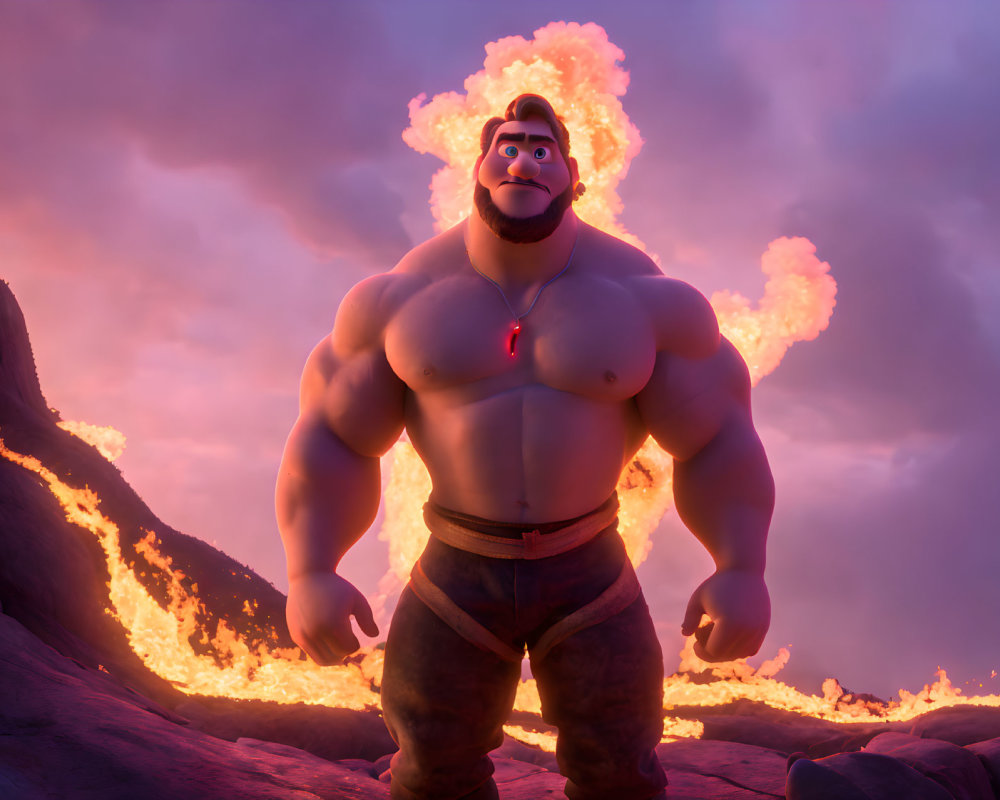 Muscular animated character with glowing heart in fiery landscape.