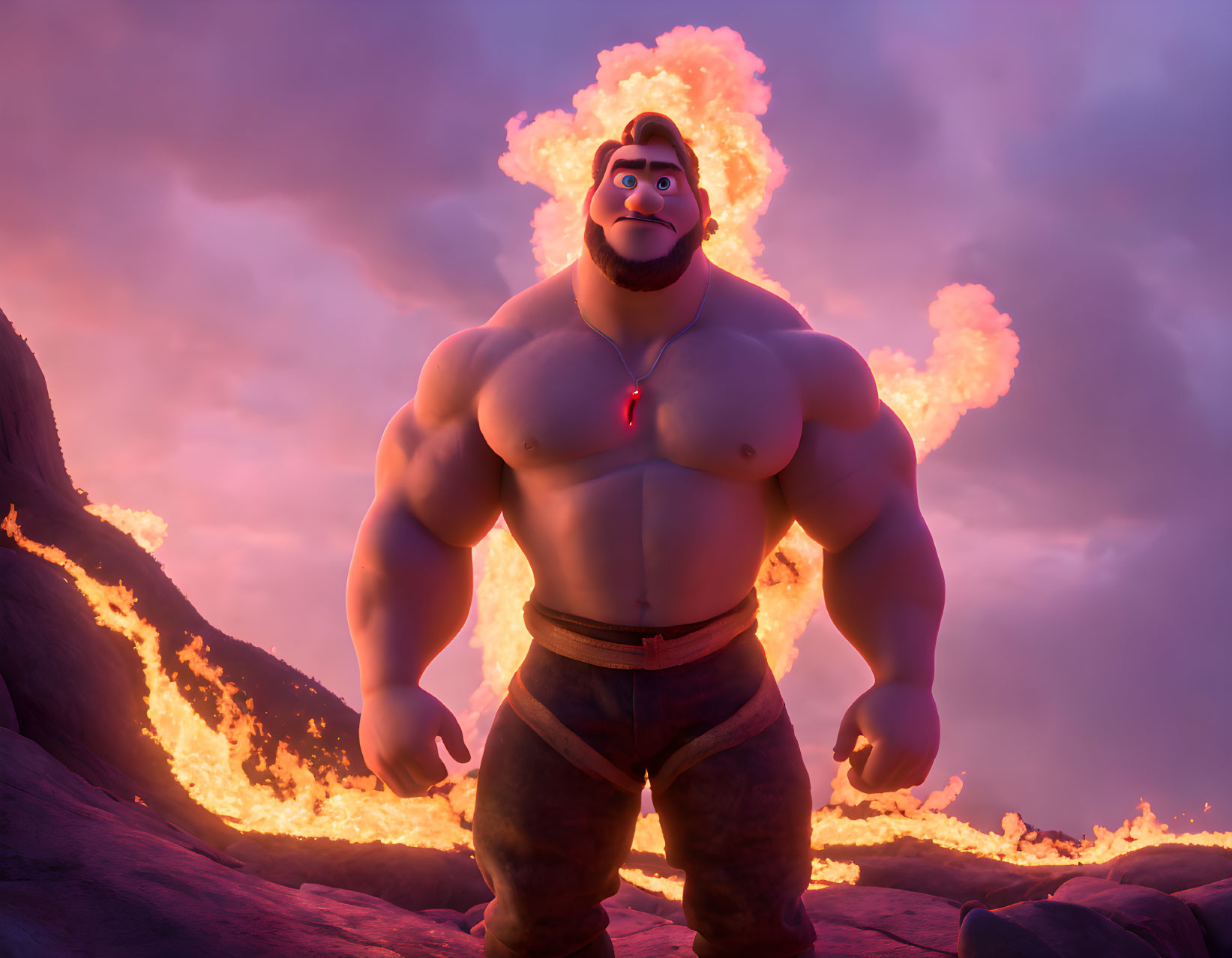 Muscular animated character with glowing heart in fiery landscape.