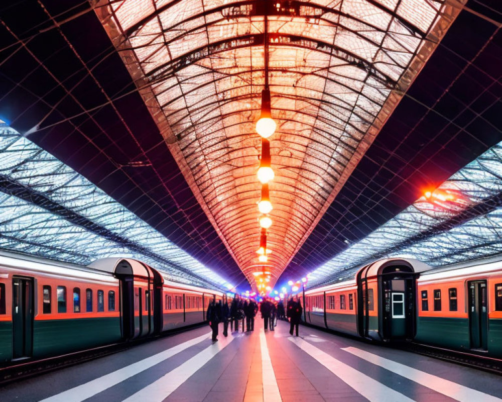 Brightly lit train station with arched glass ceiling, green trains, and silhouetted figures