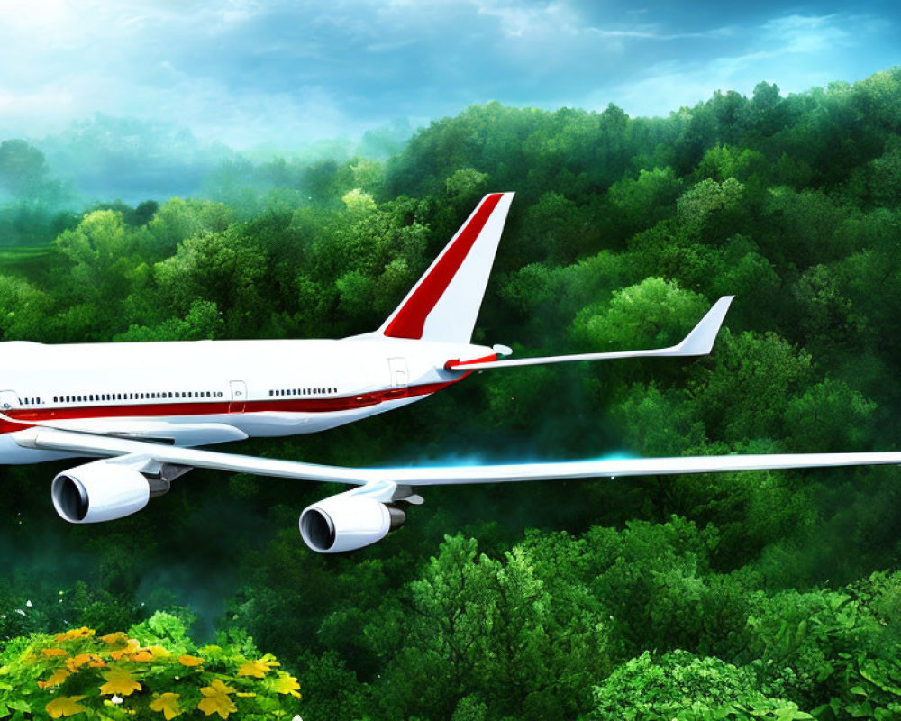 Low-flying airplane with white and red tail over lush green forest under cloudy sky