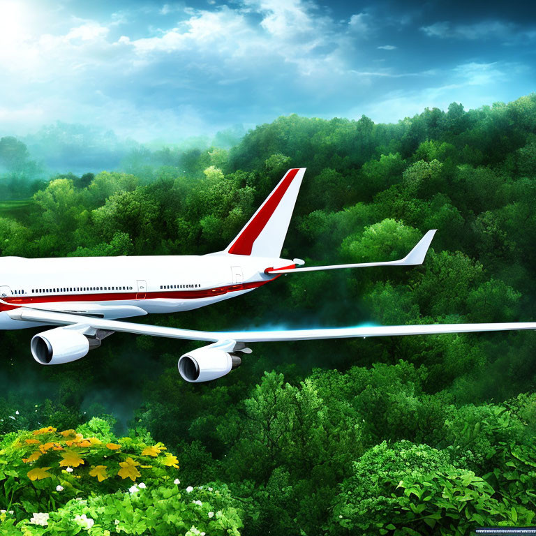 Low-flying airplane with white and red tail over lush green forest under cloudy sky